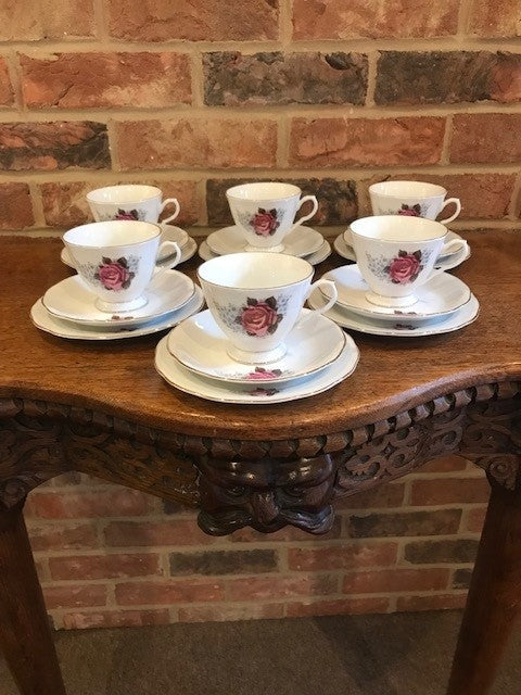 6 piece rose tea cup, saucer and cake plate